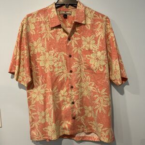 Tommy Bahama Mens Short Sleeve Shirt LargeCoral 100% Silk Button Down Hawaiian
